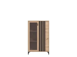 Vetrina Marrone Rovere Nodi Nero 4 Ripiani 2 Ante 55x40x193h cm, con Piedini, Anta e Ripiano Dettaglio Vetro - Ovodda