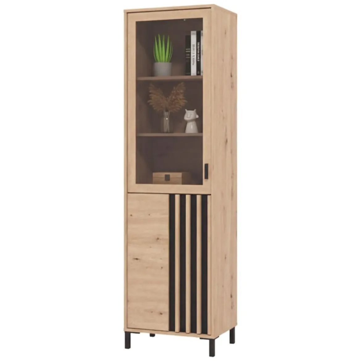 Vetrina Marrone Rovere Nodi Nero 4 Ripiani Apertura Battente 54.5x40x195h cm, 2 Ante - Sorisole