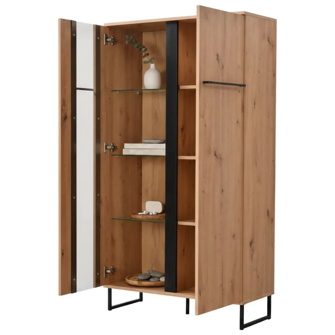 Vetrina Marrone Rovere Nodi Nero 8 Ripiani Apertura Battente 84.5x35x193.5h cm, 4 Ante - Gissi