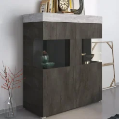 Vetrina Nero Antracite Grigio Cemento 2 Ripiani Cassetti 118x51x140h cm, 2 Ante - Cantiano