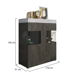 Vetrina Nero Antracite Grigio Cemento 2 Ripiani Cassetti 118x51x140h cm, 2 Ante - Cantiano