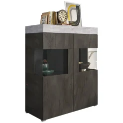 Vetrina Nero Antracite Grigio Cemento 2 Ripiani Cassetti 118x51x140h cm, 2 Ante - Cantiano