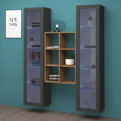 Vetrina Nero Antracite 14 Ripiani Apertura Battente 40x30x180h cm, 2 Ante - Marea