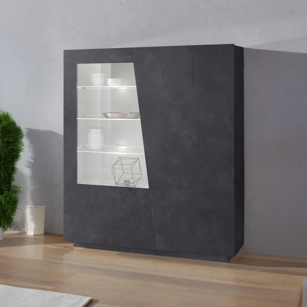 Vetrina Nero Antracite 7 Ripiani 9 Vani 120x43x146h cm, 2 Ante - Montano
